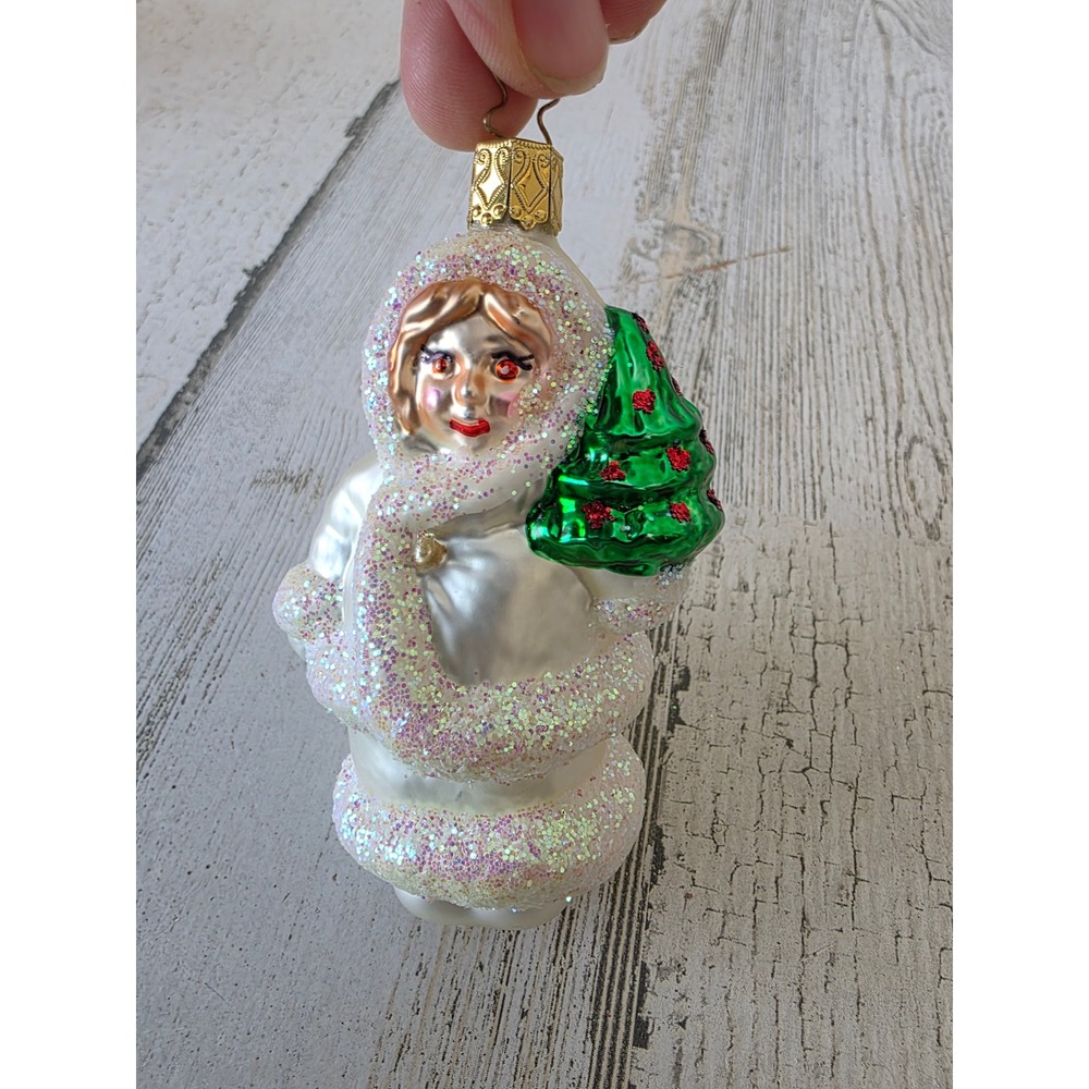 Vintage inge glas Germany‎ snow Eskimo girl glitter ornament Xmas tree white